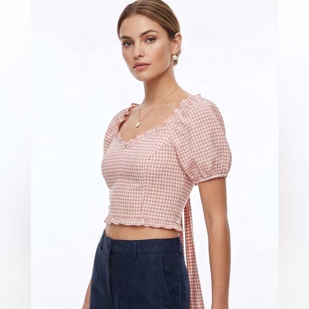 Urban Romantics Pink Gingham Puff Sleeve Crop Top Size Extra Small